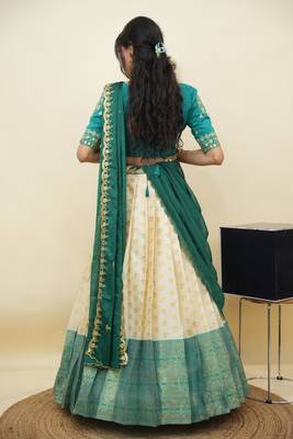South Indian Style Half Saree With Embroidery Work Blouse & Dupatta for Women 2