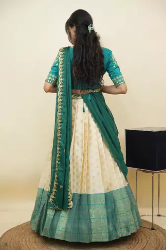 South Indian Style Half Saree With Embroidery Work Blouse & Dupatta for Women
