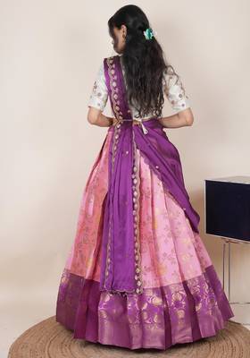 South Indian Style Half Saree With Beads & Hand Work Blouse & Dupatta for Women 2