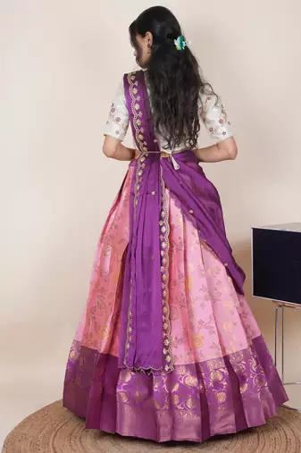 South Indian Style Half Saree With Beads & Hand Work Blouse & Dupatta for Women