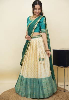 South Indian Style Half Saree With Embroidery Work Blouse & Dupatta for Women 3