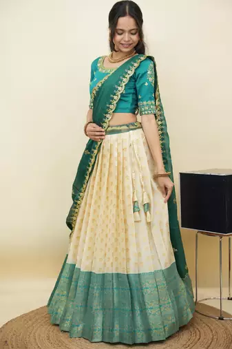 South Indian Style Half Saree With Embroidery Work Blouse & Dupatta for Women