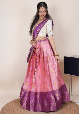 South Indian Style Half Saree With Beads & Hand Work Blouse & Dupatta for Women 3