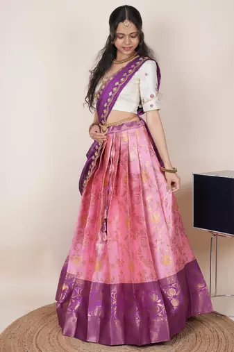 South Indian Style Half Saree With Beads & Hand Work Blouse & Dupatta for Women