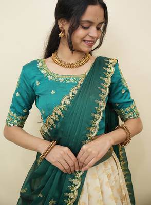 South Indian Style Half Saree With Embroidery Work Blouse & Dupatta for Women 4