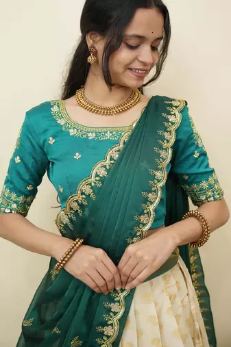 South Indian Style Half Saree With Embroidery Work Blouse & Dupatta for Women