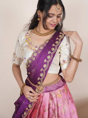 South Indian Style Half Saree With Beads & Hand Work Blouse & Dupatta for Women 4