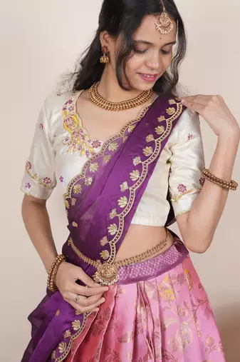 South Indian Style Half Saree With Beads & Hand Work Blouse & Dupatta for Women