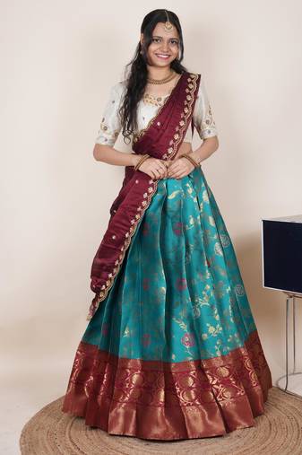 South Indian Style Half Saree With Beads & Hand Work Blouse & Dupatta for Women