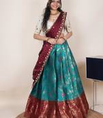 South Indian Style Half Saree With Beads & Hand Work Blouse & Dupatta for Women