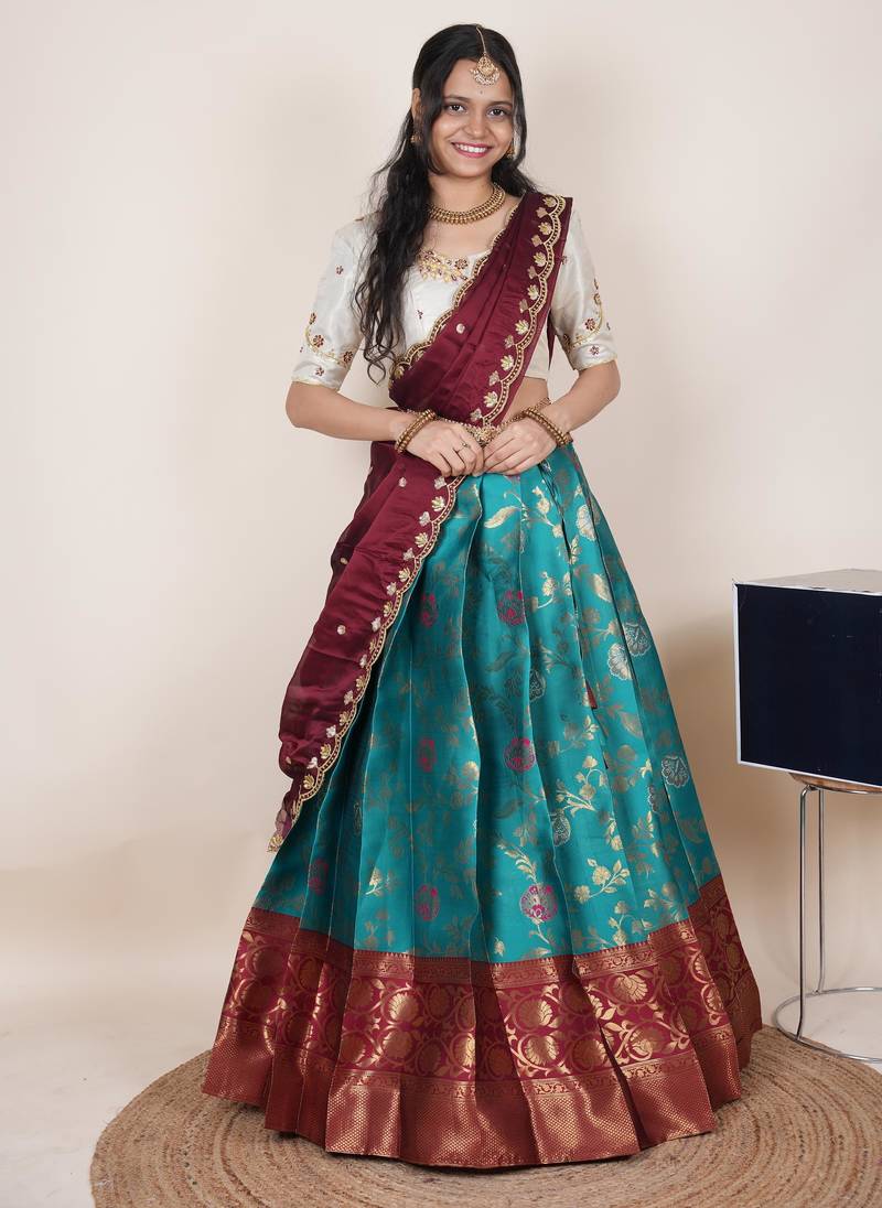 South Indian Style Half Saree With Beads & Hand Work Blouse & Dupatta for Women