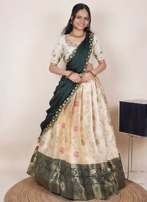 South Indian Style Half Saree With Beads & Hand Work Blouse & Dupatta for Women 1