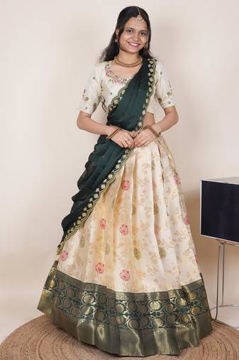 South Indian Style Half Saree With Beads & Hand Work Blouse & Dupatta for Women