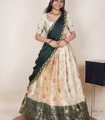 South Indian Style Half Saree With Beads & Hand Work Blouse & Dupatta for Women