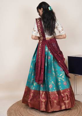 South Indian Style Half Saree With Beads & Hand Work Blouse & Dupatta for Women 2