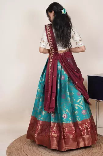 South Indian Style Half Saree With Beads & Hand Work Blouse & Dupatta for Women