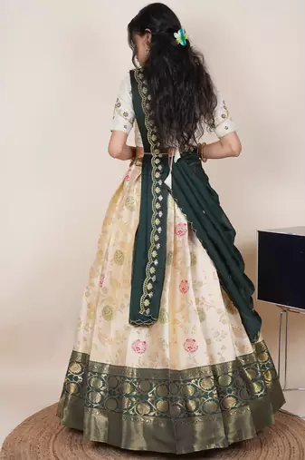 South Indian Style Half Saree With Beads & Hand Work Blouse & Dupatta for Women