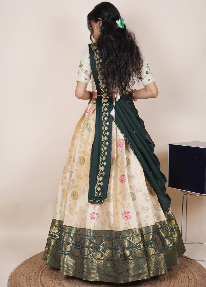 South Indian Style Half Saree With Beads & Hand Work Blouse & Dupatta for Women