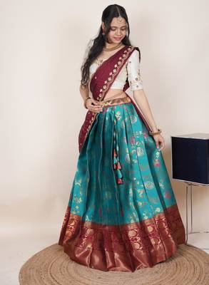 South Indian Style Half Saree With Beads & Hand Work Blouse & Dupatta for Women 3