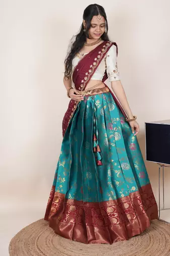 South Indian Style Half Saree With Beads & Hand Work Blouse & Dupatta for Women