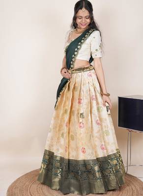 South Indian Style Half Saree With Beads & Hand Work Blouse & Dupatta for Women 3