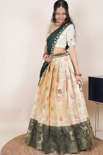South Indian Style Half Saree With Beads & Hand Work Blouse & Dupatta for Women
