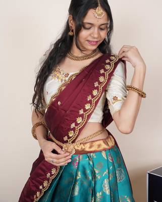 South Indian Style Half Saree With Beads & Hand Work Blouse & Dupatta for Women 4