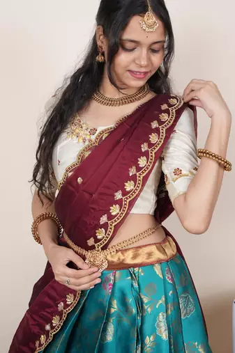 South Indian Style Half Saree With Beads & Hand Work Blouse & Dupatta for Women