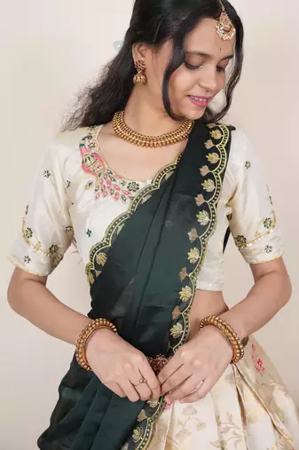 South Indian Style Half Saree With Beads & Hand Work Blouse & Dupatta for Women