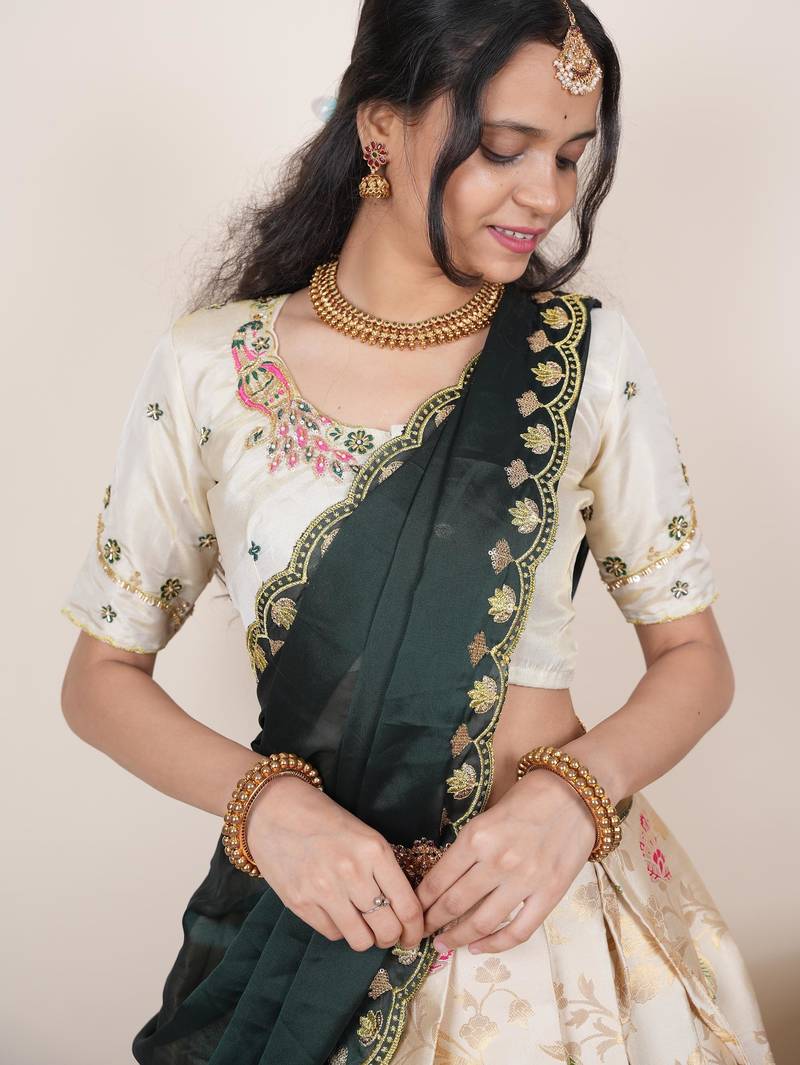 South Indian Style Half Saree With Beads & Hand Work Blouse & Dupatta for Women