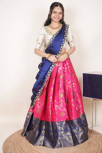 South Indian Style Half Saree With Beads & Hand Work Blouse & Dupatta for Women
