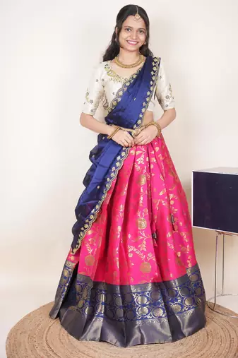 South Indian Style Half Saree With Beads & Hand Work Blouse & Dupatta for Women