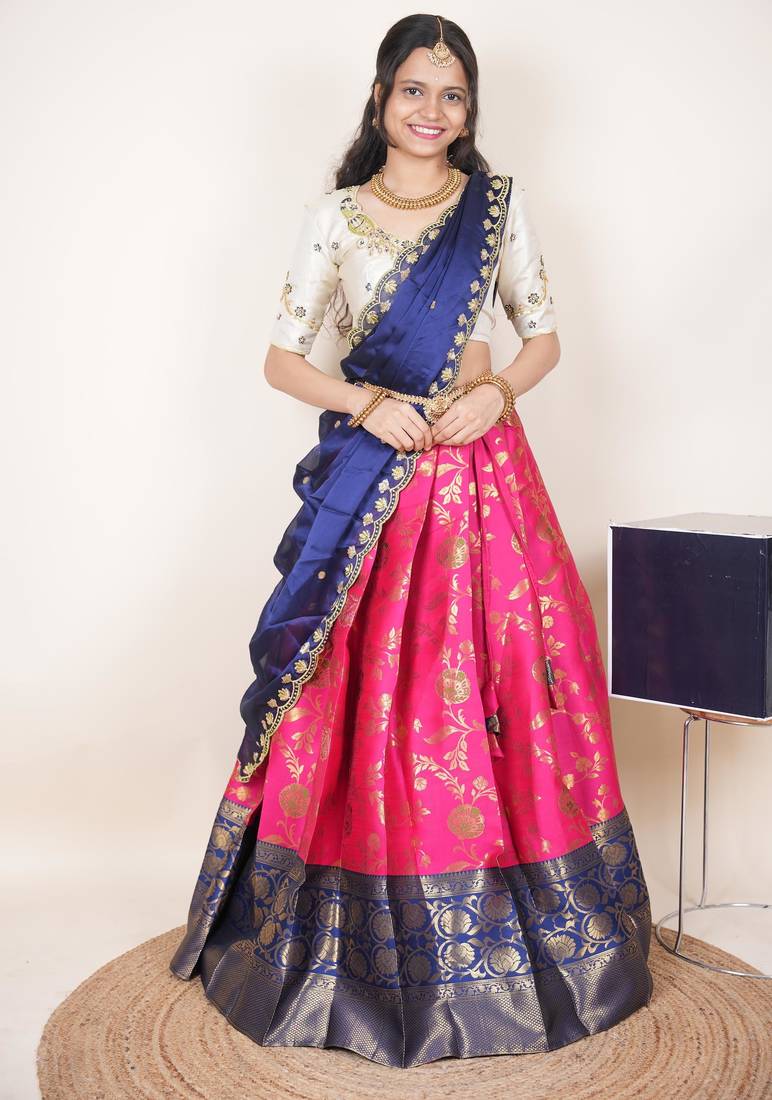 South Indian Style Half Saree With Beads & Hand Work Blouse & Dupatta for Women