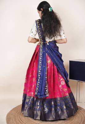 South Indian Style Half Saree With Beads & Hand Work Blouse & Dupatta for Women 2