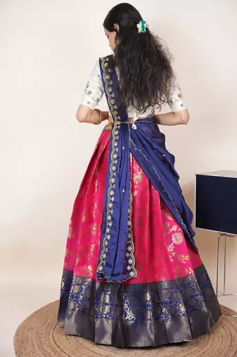 South Indian Style Half Saree With Beads & Hand Work Blouse & Dupatta for Women