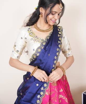 South Indian Style Half Saree With Beads & Hand Work Blouse & Dupatta for Women 4