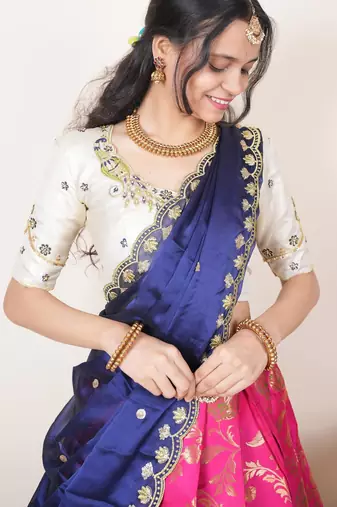 South Indian Style Half Saree With Beads & Hand Work Blouse & Dupatta for Women