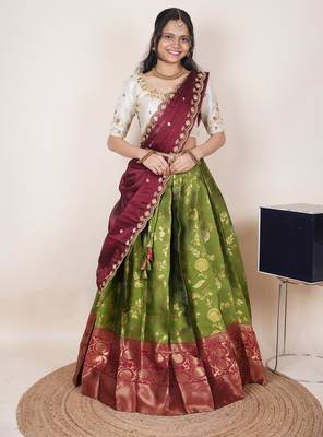 South Indian Style Half Saree With Beads & Hand Work Blouse & Dupatta for Women 1
