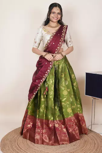 South Indian Style Half Saree With Beads & Hand Work Blouse & Dupatta for Women