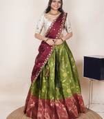 South Indian Style Half Saree With Beads & Hand Work Blouse & Dupatta for Women