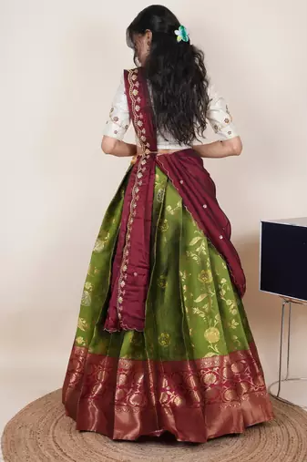 South Indian Style Half Saree With Beads & Hand Work Blouse & Dupatta for Women