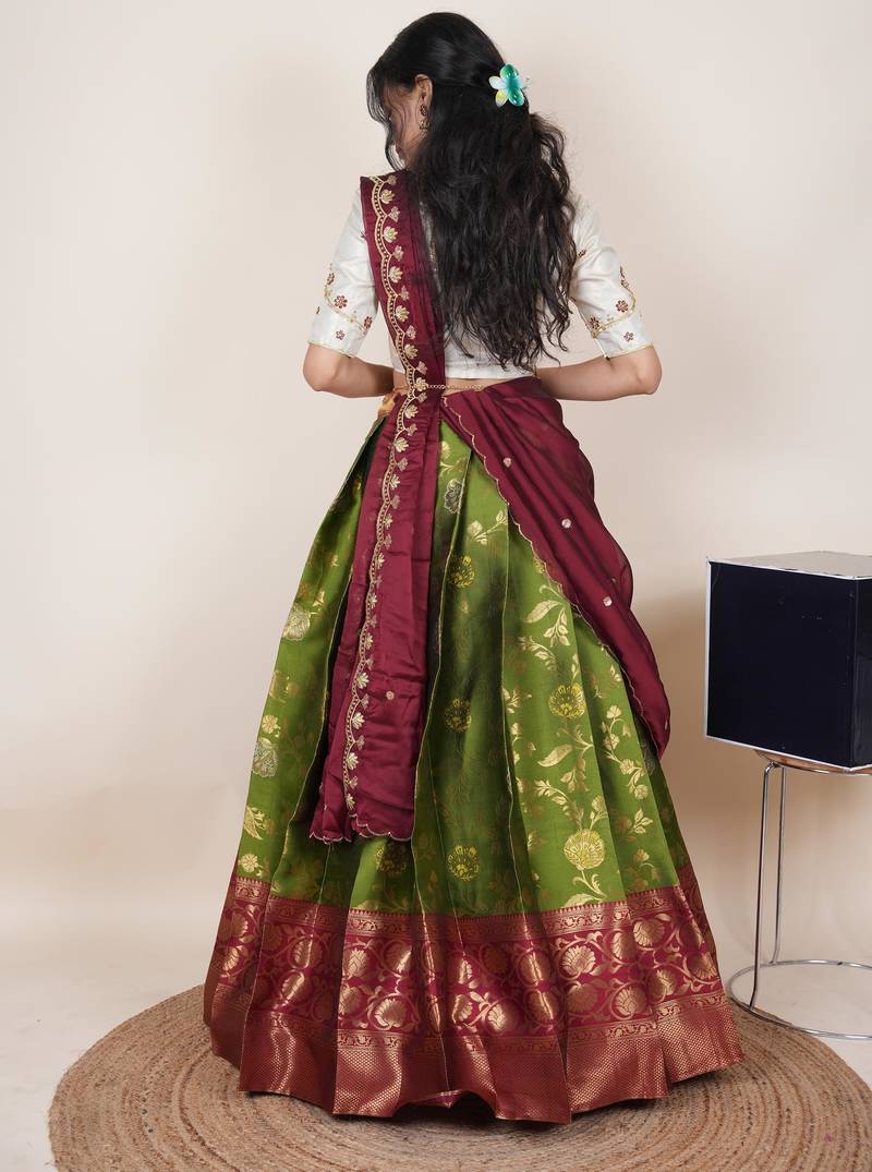South Indian Style Half Saree With Beads & Hand Work Blouse & Dupatta for Women