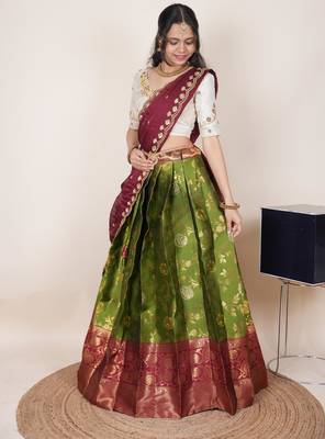 South Indian Style Half Saree With Beads & Hand Work Blouse & Dupatta for Women 3