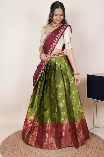 South Indian Style Half Saree With Beads & Hand Work Blouse & Dupatta for Women
