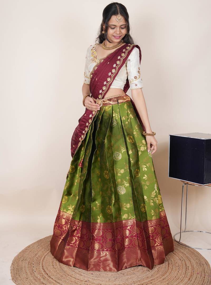 South Indian Style Half Saree With Beads & Hand Work Blouse & Dupatta for Women