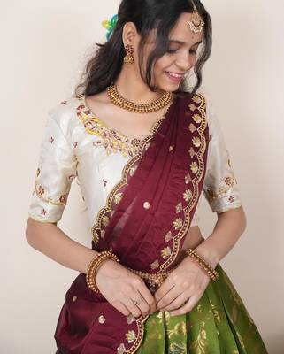 South Indian Style Half Saree With Beads & Hand Work Blouse & Dupatta for Women 4