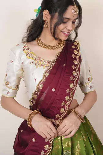 South Indian Style Half Saree With Beads & Hand Work Blouse & Dupatta for Women