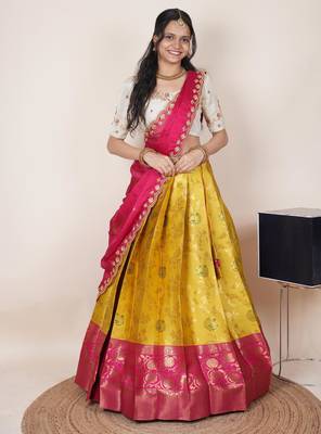 South Indian Style Half Saree With Beads & Hand Work Blouse & Dupatta for Women 1