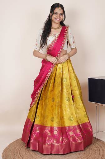 South Indian Style Half Saree With Beads & Hand Work Blouse & Dupatta for Women
