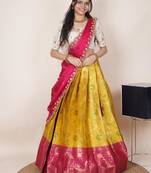 South Indian Style Half Saree With Beads & Hand Work Blouse & Dupatta for Women